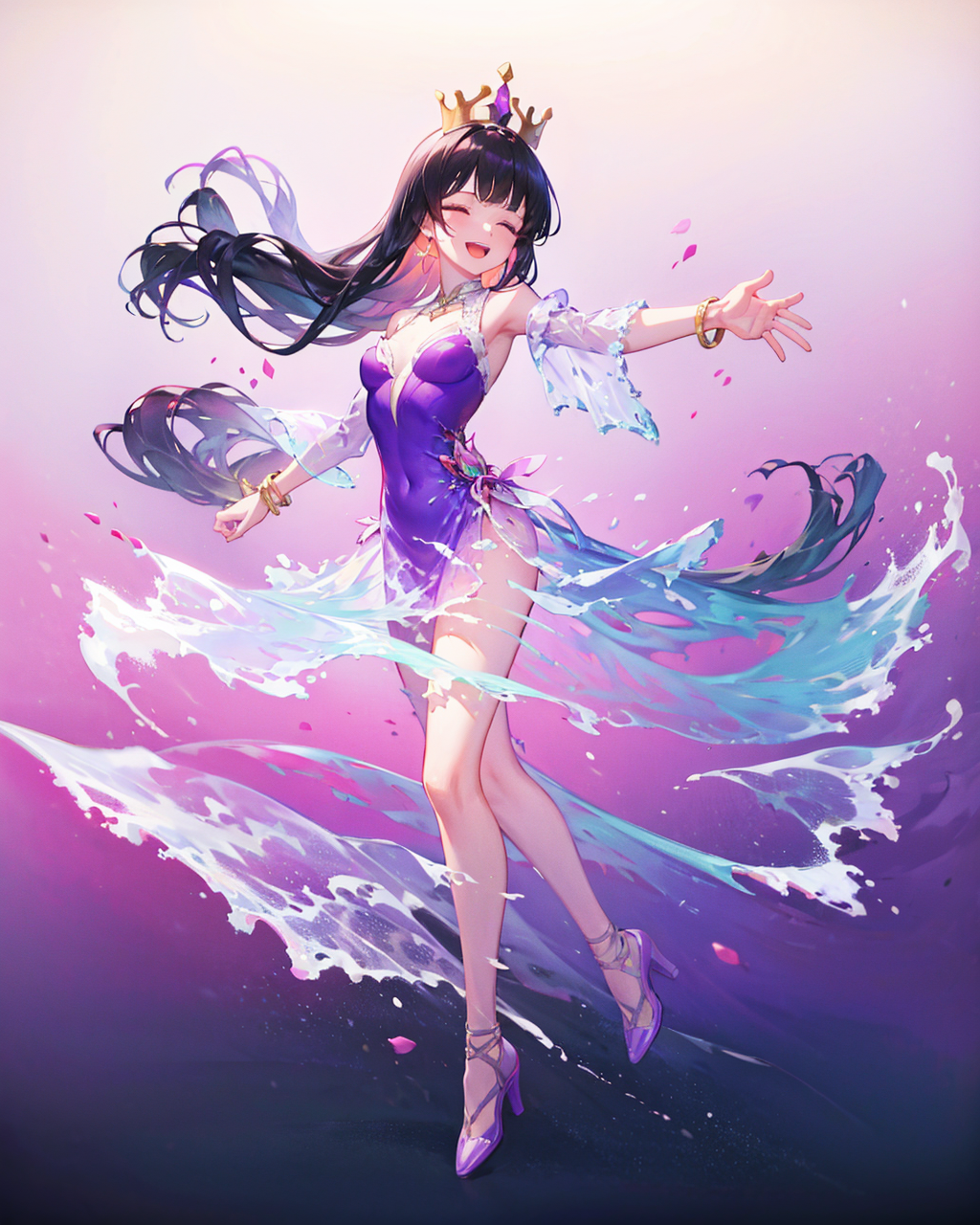 54262-2104389148-liquid clothes, 1girl, dress, solo, long hair, black hair, closed eyes, smile, high heels, open mouth, jewelry, full body, bangs.png